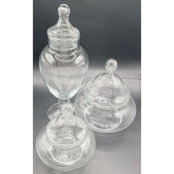 Vtg Glass Apothecary Jars Lids 10 Inches Tall Trinkets Storage Candy Set of 3 - Picture 1 of 10